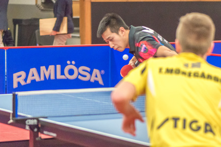 STOCKHOLM, SWEDEN - NOV 17, 2016: Truls Moreard (SWE) vs Ting Liao (TPE) at the table tennis tournament SOC at the arena Eriksdalshallen in Stockholm.のeditorial素材