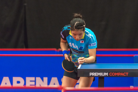 STOCKHOLM, SWEDEN - NOV 19, 2016: Sakura Mori (JPN) vs Jihee Jeon (KOR) in the table tennis tournament SOC at the arena Eriksdalshallen in Stockholm.のeditorial素材
