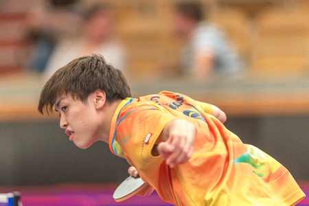 STOCKHOLM, SWEDEN - NOV 19, 2016: Chen Ting Liao (TPE) vs Kenta Tazoe (JPN) in the t able tennis tournament SOC at the arena Eriksdalshallen in Stockholm.のeditorial素材