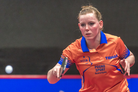STOCKHOLM, SWEDEN - NOV 18, 2016: Bernadette Szocs (ROU) vs Britt Eerland (NED) at the table tennis tournament SOC at the arena Eriksdalshallen in Stockholm.のeditorial素材