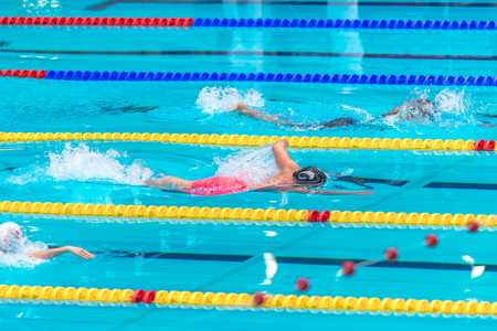 STOCKHOLM, SWEDEN - NOV 5, 2016: Swimmers crawling at the National Swedish swim competition at Eriksdalsbadet.のeditorial素材