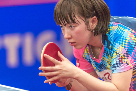 STOCKHOLM, SWEDEN - NOV 18, 2016: Barbora Balazova (SVK) vs Hyowon Suh (KOR) at the table tennis tournament SOC at the arena Eriksdalshallen in Stockholm.のeditorial素材