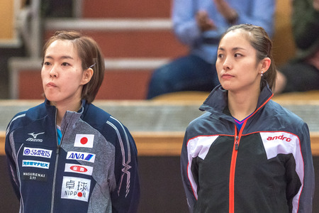 STOCKHOLM, SWEDEN - NOV 19, 2016: Kasumi Ishikawa (JPN) vs Qian Li (POL) in the table tennis tournament SOC at the arena Eriksdalshallen in Stockholm.のeditorial素材