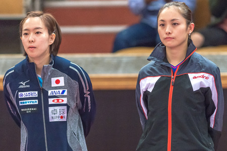STOCKHOLM, SWEDEN - NOV 19, 2016: Kasumi Ishikawa (JPN) vs Qian Li (POL) in the table tennis tournament SOC at the arena Eriksdalshallen in Stockholm.のeditorial素材