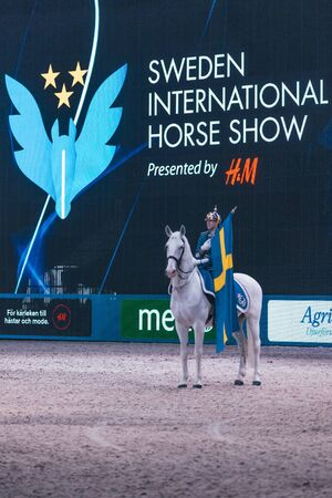 SOLNA, SWEDEN - NOV 27, 2016: Prize cermony with winner Boyd Exell at the FEI World Cup Driving final in the Sweden International Horse Show at Friends arena.のeditorial素材