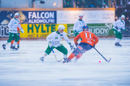 STOCKHOLM, SWEDEN, JAN 22: Berlin and Spjuth at the bandy game between Hammarby and Bollnas. Hammarby won with 6-1 at Zinkensdammのeditorial素材