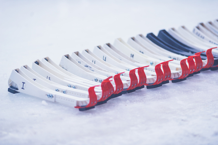 STOCKHOLM, SWEDEN, JAN 22: Row of skating blade protectors. Hammarby won with 6-1 at Zinkensdammのeditorial素材