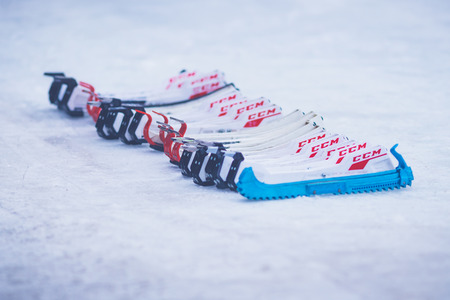 STOCKHOLM, SWEDEN, JAN 22: Row of skating blade protectors. Hammarby won with 6-1 at Zinkensdammのeditorial素材