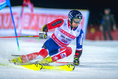 STOCKHOLM, SWEDEN, JAN 31, 2017: Dave Ryding (GBR) at the FIS Parallel slalom city event in Hammarbybacken, Stockholmのeditorial素材