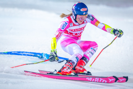 STOCKHOLM, SWEDEN, JAN 31, 2017: Mikaela Shiffrin (USA) at the FIS Parallel slalom city event in Hammarbybacken, Stockholm. Winnerのeditorial素材