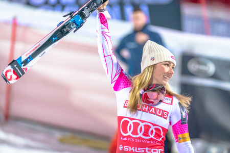 STOCKHOLM, SWEDEN, JAN 31, 2017: Happy Mikaela Shiffrin (USA) before the prize cermony at the FIS Parallel slalom city event in Hammarbybacken, Stockholm. Gold medalistのeditorial素材