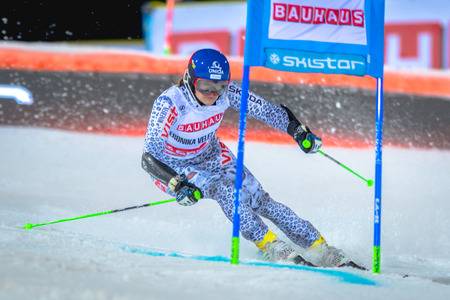 STOCKHOLM, SWEDEN, JAN 31, 2017: Veronica Velez Zuzulova (SVK) at the FIS Parallel slalom city event in Hammarbybacken, Stockholmのeditorial素材