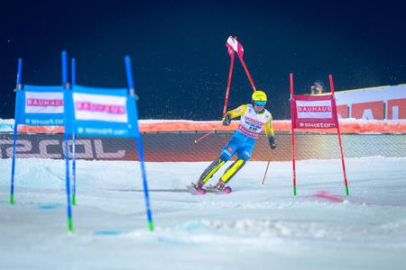 STOCKHOLM, SWEDEN, JAN 31, 2017: Mattias Hargin (SWE) at the FIS Parallel slalom city event in Hammarbybacken, Stockholm. Third placeのeditorial素材