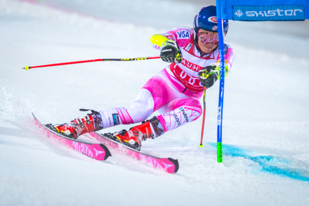 STOCKHOLM, SWEDEN, JAN 31, 2017: Mikaela Shiffrin (USA) at the FIS Parallel slalom city event in Hammarbybacken, Stockholm. Winnerのeditorial素材