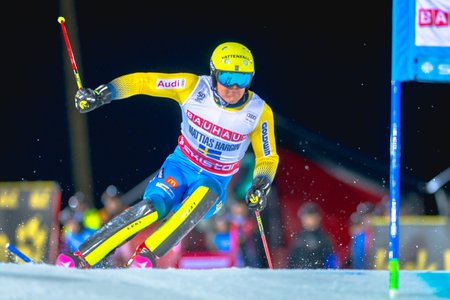 STOCKHOLM, SWEDEN, JAN 31, 2017: Mattias Hargin (SWE) at the FIS Parallel slalom city event in Hammarbybacken, Stockholmのeditorial素材
