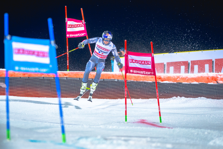 STOCKHOLM, SWEDEN, JAN 31, 2017: Alexis Pinturault (FRA) at the FIS Parallel slalom city event in Hammarbybacken, Stockholmのeditorial素材