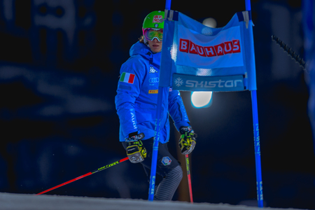 STOCKHOLM, SWEDEN, JAN 31, 2017: Chiara Costazza (ITA) checking the course at the FIS Parallel slalom city event in Hammarbybacken, Stockholmのeditorial素材