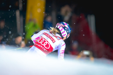 STOCKHOLM, SWEDEN, JAN 31, 2017: Mikaela Shiffrin (USA) at the FIS Parallel slalom city event in Hammarbybacken, Stockholmのeditorial素材