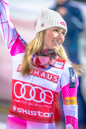 STOCKHOLM, SWEDEN, JAN 31, 2017: Happy Mikaela Shiffrin (USA) before the prize cermony at the FIS Parallel slalom city event in Hammarbybacken, Stockholm. Gold medalistのeditorial素材