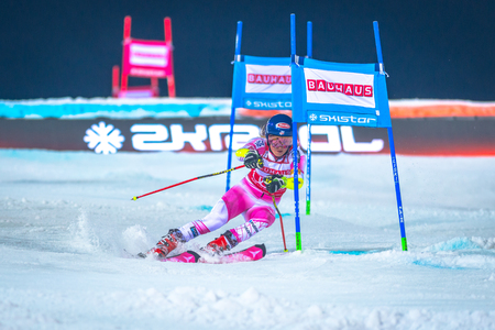 STOCKHOLM, SWEDEN, JAN 31, 2017: Mikaela Shiffrin (USA) at the FIS Parallel slalom city event in Hammarbybacken, Stockholm. Winnerのeditorial素材