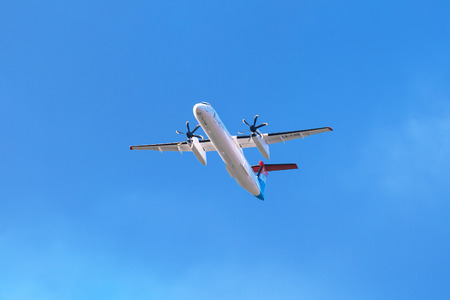 ARLANDA, SWEDEN - MARCH 15, 2017: Airliner Luxair with propellers takeoff from Stockholm Arlanda (ARN) airport during daytime. De Havillandのeditorial素材