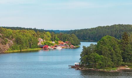 STOCKHOLM, SWEDEN - JUNE 19, 2016: The channel to Fredriksborg fortifaction in the swedish archipelago outside of Stockholm. Panoramaのeditorial素材