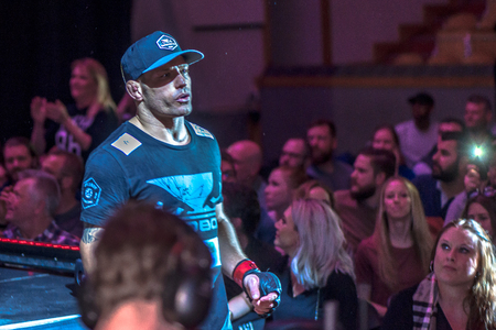 STOCKHOLM, SWEDEN - APRIL 1, 2017: Presentation of the MMA title fight between David Bielkheden vs Morten Djursaa at Superior Challenge 15 at Eriksdalshallen in Stockholm. Winner Bielkheden.のeditorial素材