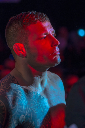 STOCKHOLM, SWEDEN - APRIL 1, 2017: Presentation of the MMA title fight between David Bielkheden vs Morten Djursaa at Superior Challenge 15 at Eriksdalshallen in Stockholm. Winner Bielkheden.のeditorial素材