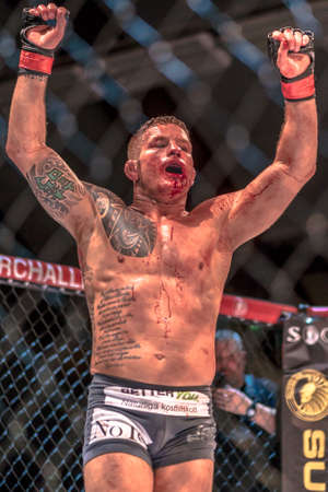 STOCKHOLM, SWEDEN - APRIL 1, 2017: MMA title fight between David Bielkheden vs Morten Djursaa at Superior Challenge 15 at Eriksdalshallen in Stockholm. Winner Bielkheden.のeditorial素材