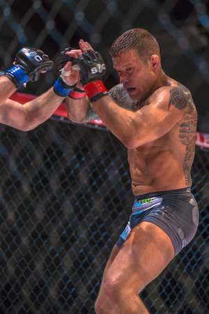 STOCKHOLM, SWEDEN - APRIL 1, 2017: MMA title fight between David Bielkheden vs Morten Djursaa at Superior Challenge 15 at Eriksdalshallen in Stockholm. Winner Bielkheden.のeditorial素材