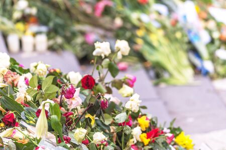 STOCKHOLM, SWEDEN - APRIL 16, 2017: Flowerbed closeup at Sergels torg after the terror attack on the 7th of april.のeditorial素材
