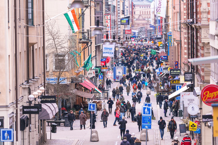 STOCKHOLM, SWEDEN - APRIL 16, 2017: View of Drottninggatan filled with people shopping after the terror attack on the 7th of april.のeditorial素材