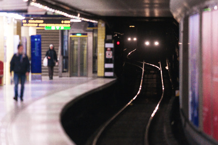STOCKHOLM, SWEDEN - APRIL 16, 2017: Subway train arriving to Odenplan subway station.のeditorial素材