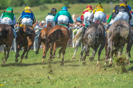 STOCKHOLM, SWEDEN - JUN 6, 2017: Horses with jockeys out of a curve in fast pace at Nationaldagsgaloppen at Gardet.のeditorial素材