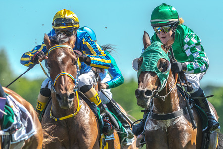 STOCKHOLM, SWEDEN - JUN 6, 2017: Horses with jockeys out of a curve in fast pace at Nationaldagsgaloppen at Gardet.のeditorial素材