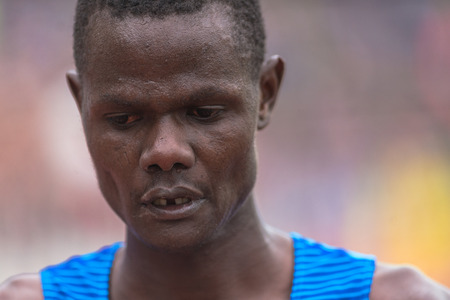 STOCKHOLM, SWEDEN - JUNE 3, 2017: Face of bronze medalist Samuel Kalalei (KEN) at Stockholm Marathon.のeditorial素材