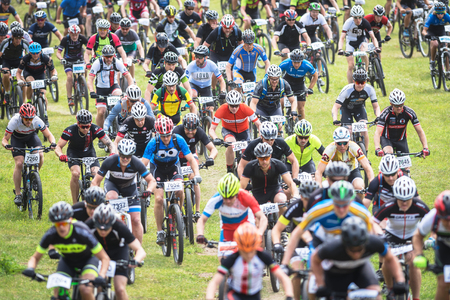 TULLINGE, SWEDEN - JUN 11, 2017: Start of the mountainbike event Lida Loop in the forests outside of Stockholm.のeditorial素材