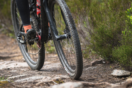 TULLINGE, SWEDEN - JUN 11, 2017: Details of bikes at the mountainbike event Lida Loop in the forests outside of Stockholm.のeditorial素材