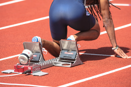 STOCKHOLM, SWEDEN - JUNE 18, 2017:  Closeup of athletes at the IAAF Diamond League in Stockholm.のeditorial素材