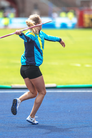 STOCKHOLM, SWEDEN - JUNE 18, 2017:  Female javelin warmup at the IAAF Diamond League in Stockholm.のeditorial素材