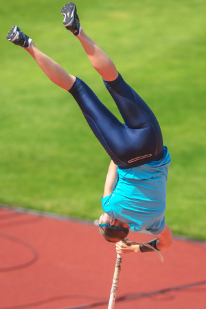 STOCKHOLM, SWEDEN - JUNE 18, 2017:  Warmup at the women pole vault competition at the IAAF Diamond League in Stockholm.の写真素材