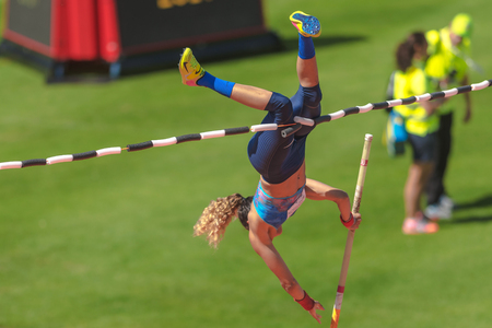 STOCKHOLM, SWEDEN - JUNE 18, 2017:  Angelica Bengtsson at the pole vault warmup at the IAAF Diamond League in Stockholm.のeditorial素材