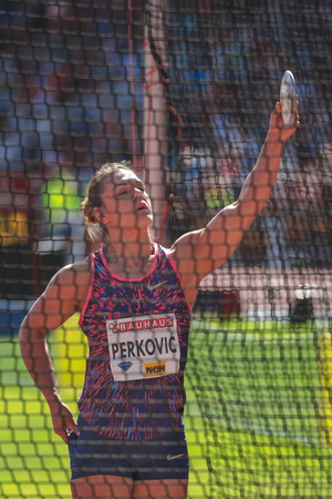 STOCKHOLM, SWEDEN - JUNE 18, 2017:  Discus thrower Sandra Perkovic at the IAAF Diamond League in Stockholm. warmup at the IAAF Diamond League in Stockholm.のeditorial素材