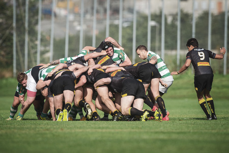 STOCKHOLM, SWEDEN - AUG 19, 2017: Rugby game between Hammarby IF and Stockholm Exiles at Arstafaltet.のeditorial素材