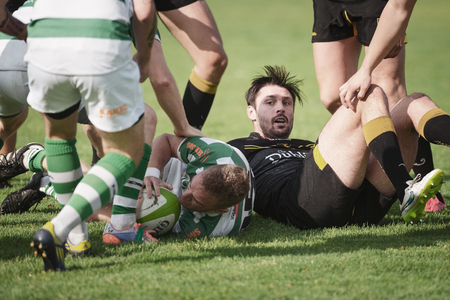 STOCKHOLM, SWEDEN - AUG 19, 2017: Rugby game between Hammarby IF and Stockholm Exiles at Arstafaltet.のeditorial素材