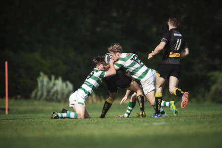STOCKHOLM, SWEDEN - AUG 19, 2017: Rugby game between Hammarby IF and Stockholm Exiles at Arstafaltet.のeditorial素材