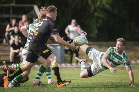 STOCKHOLM, SWEDEN - AUG 19, 2017: Rugby game between Hammarby IF and Stockholm Exiles at Arstafaltet.のeditorial素材