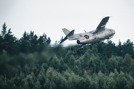 OREBRO, SWEDEN - SEP 2, 2017: J 29 Tunnan takes off in the airshow at Orebro airport. Historic...
