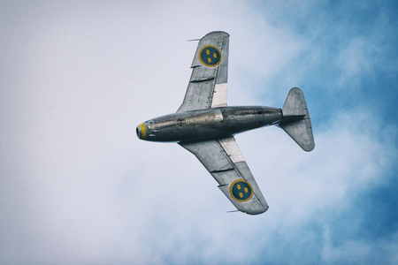 OREBRO, SWEDEN - SEP 2, 2017: J 29 Tunnan in the air in the airshow at Orebro airport. Historic airoplanesのeditorial素材