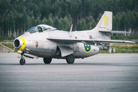 OREBRO, SWEDEN - SEP 2, 2017: J 29 Tunnan after landing in the airshow at Orebro airport. Historic...